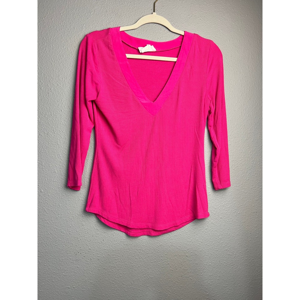 By Anthropologie Hot Pink Romantic Ribbed V-Neck 3/4 Sleeve Top Small Fairy